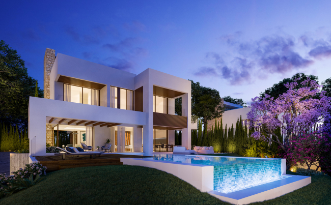 Modern four bedroom, south east facing villa of exceptional qualities is located in a gated community, consisting of only 15 villas, with 24 hour security guards and concierge services situated in a green oasis on the edge of the famous Golden Mile